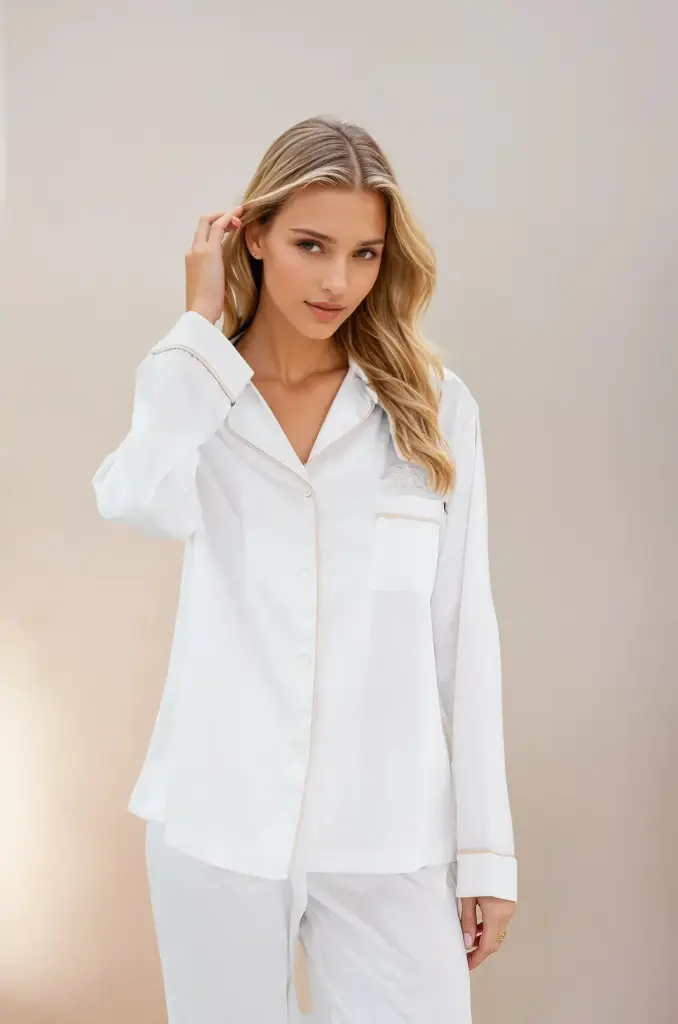 Pijama Branco Cetim de Seda Longo 