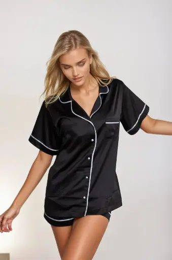 Pijama Preto Cetim de Seda Curto